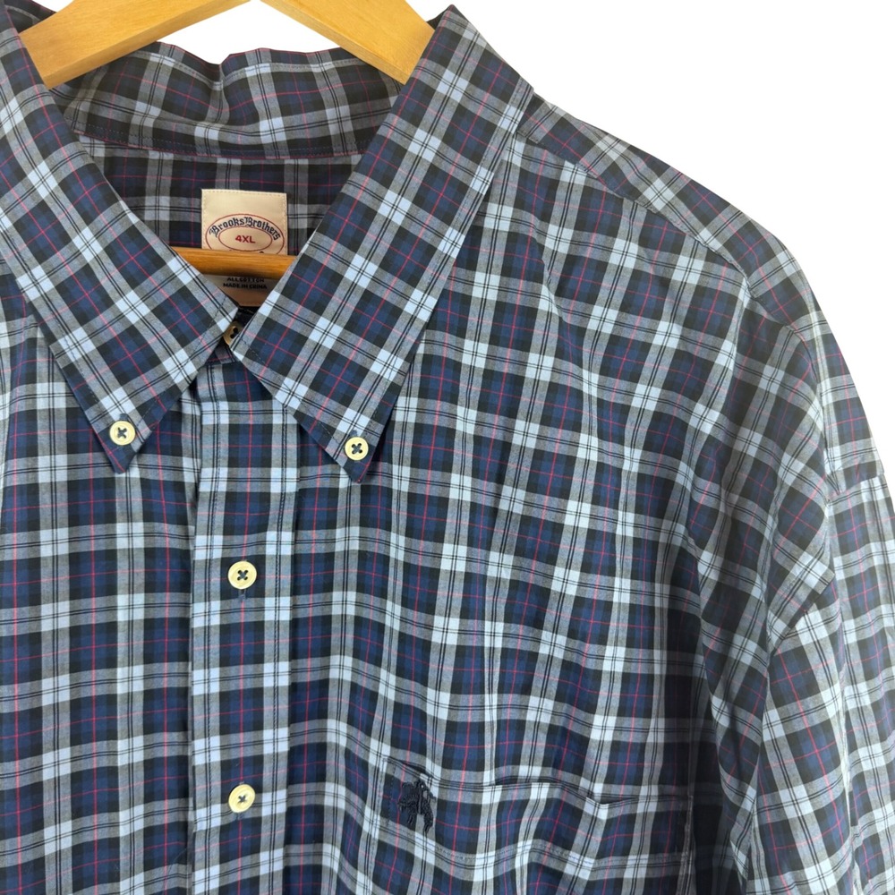 Brooks Brothers Button Down Shirt Mens 4XL Blue Plaid Cotton Long Sleeve Logo